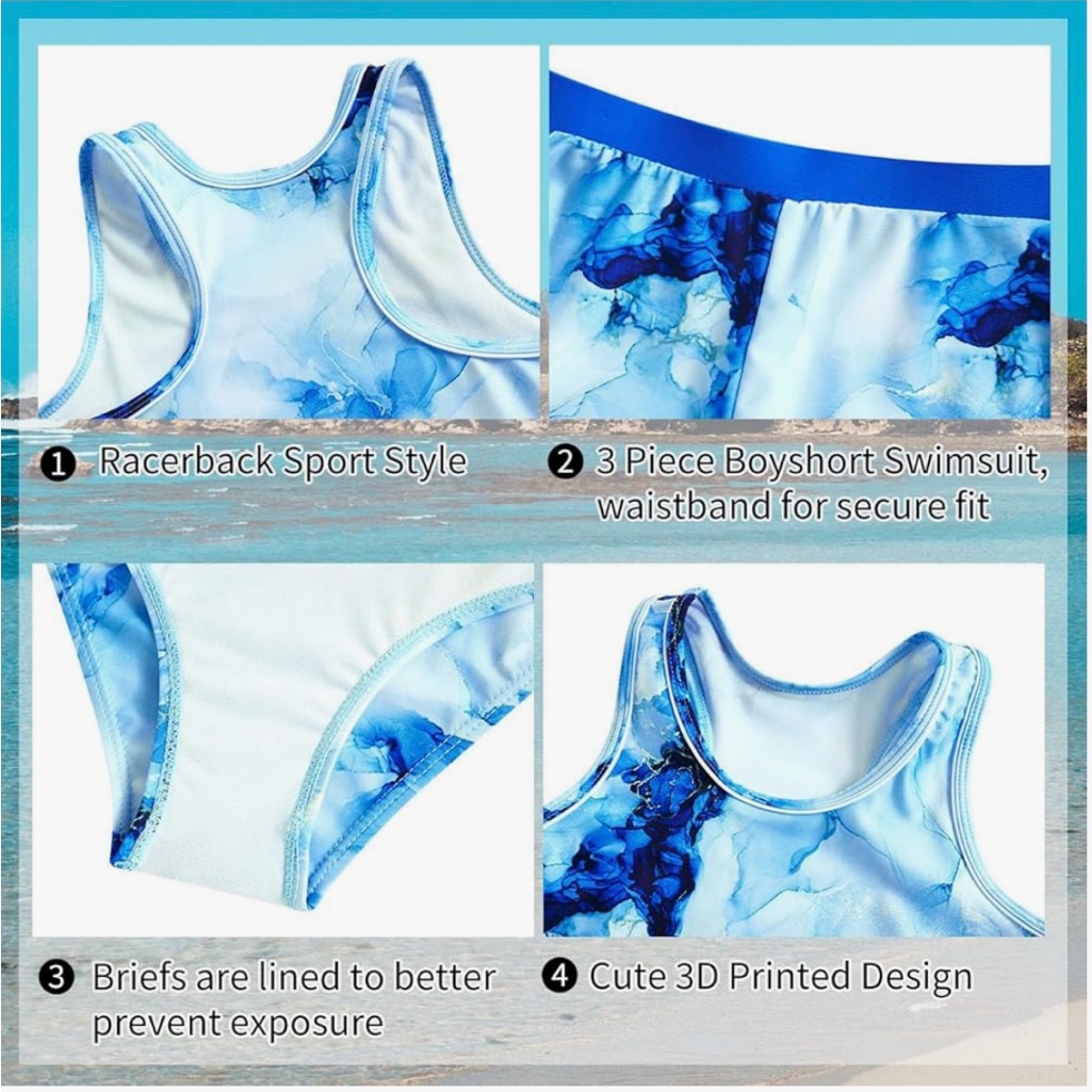 Nwot Uideazone Girls 3 Piece Bathing Suits Summer Upf 50 Size 15 Years Old